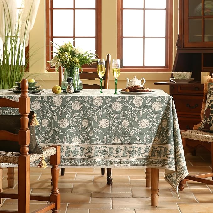ISAENNE Designer Grayish Green Linen Extra Long Tablecloth Rectangle,Floral Stain Resistant Table Cloth,Fall Vintage Decor Tablecloths for Dining Thanksgiving Kitchen,67"*118"-Andrew A