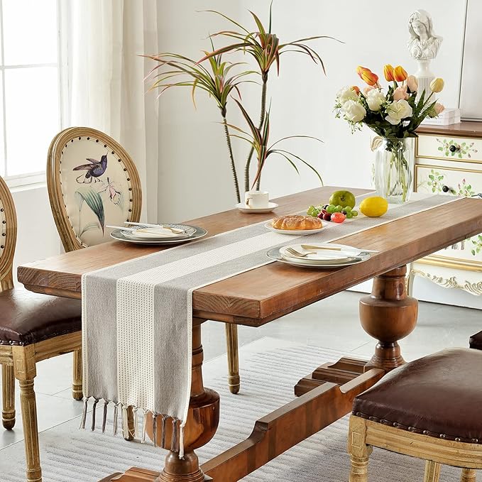 Wracra Linen Table Runner, Stripe Table Runners 36 Inches Long Coffee | - Image 7