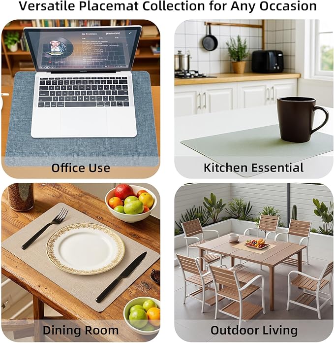Heat Resistant Placemats Set of 6, 17x12in Waterproof Wipeable Faux Leather Non Slip Table Mats, Easy to Clean, Stain Resistant, for Kitchen Dining Room– Sage Green