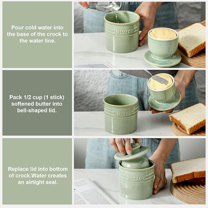 HVH Ceramic Butter Crock with Water Line, French Butter Dish with Lid - Image 3