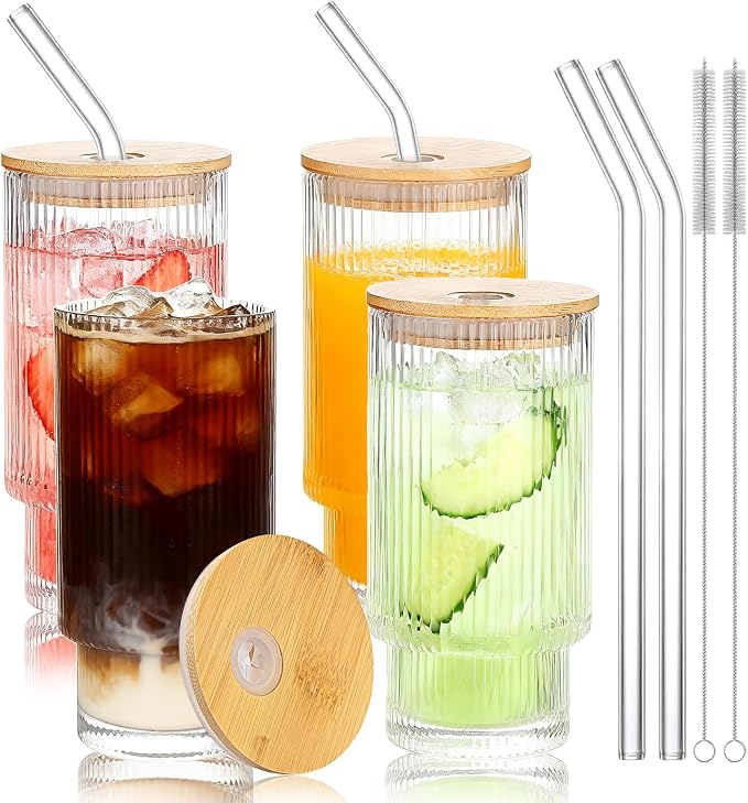 16oz Glass Cups with Lids & Straws by Elitrivox