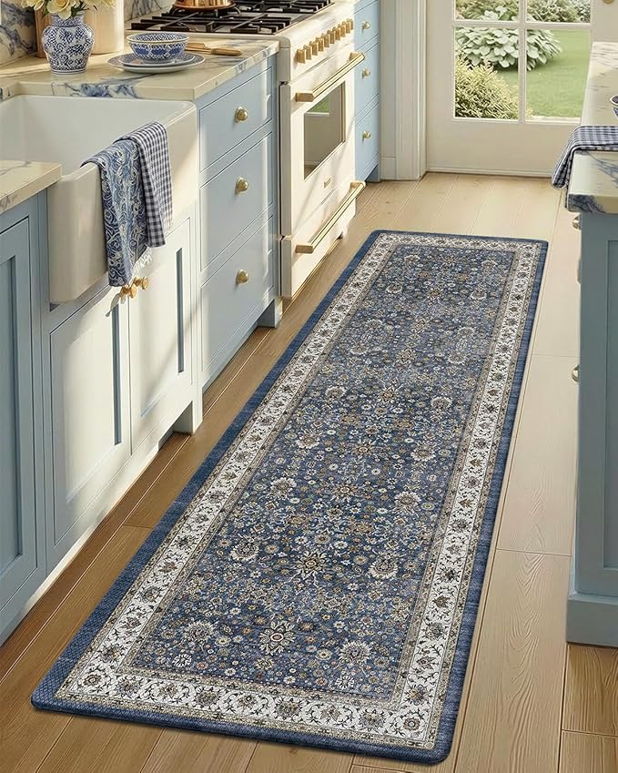 Color&Geometry Anti Fatigue Kitchen Mats for Floor 24x87, Vintage Decor, Easy Clean, Waterproof & Oil Proof, 0.4" Thick Cushioned, Non-Slip Kitchen Runner Rug for Sink, Laundry, Office, Blue