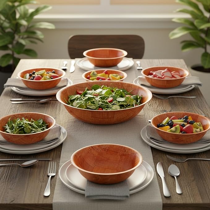 12-inch Wooden Serving Bowl, Set Of 6 | Round | Stackable | EZ To Wash | Great For Salads, Fruits, Snacks, And More [6PK]