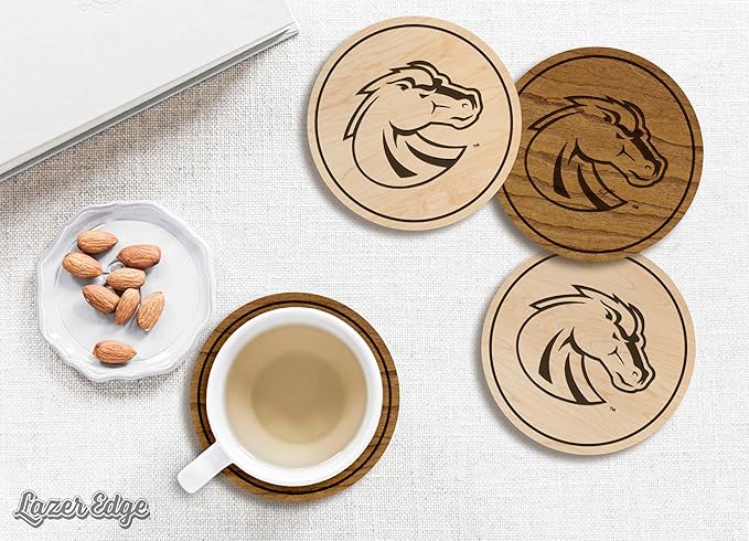 LazerEdge Boise State Broncos Wooden Coaster Set - Cherry Wood - Officially Licensed Product - 4-Pack
