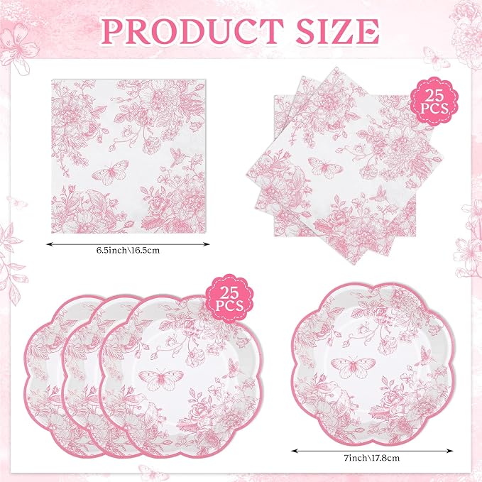50 Pcs Pink Floral Plates and Napkins, Bridal Baby Showe - Image 2