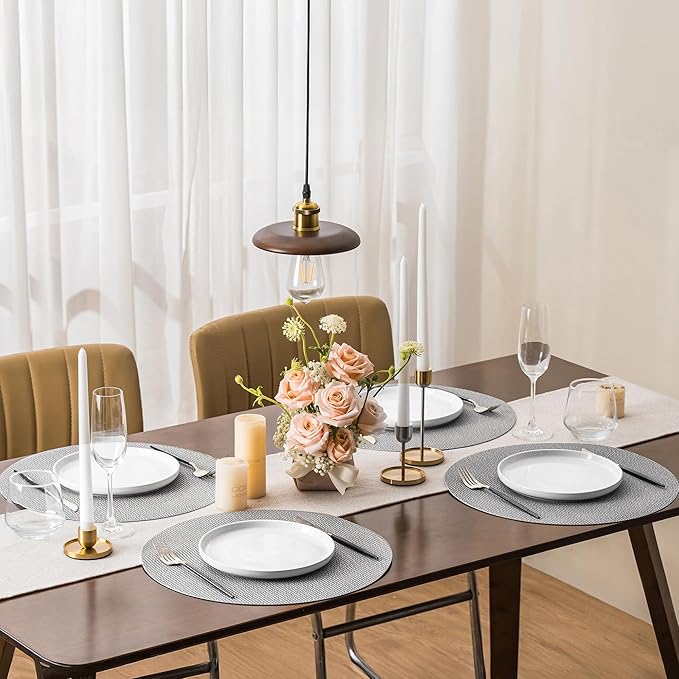 Jovono 15" Faux Leather Big Round Placemats Set of 4 - Washable Heat Resistant Non-Slip Dining Table Mats with Fabric Texture for Kitchen Home Party Decor, Light Gray