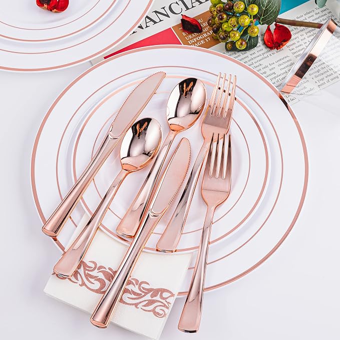 300PCS Rose Gold Plastic Silverware, Disposable Cutlery & Utensils | Heavy Duty - Image 5