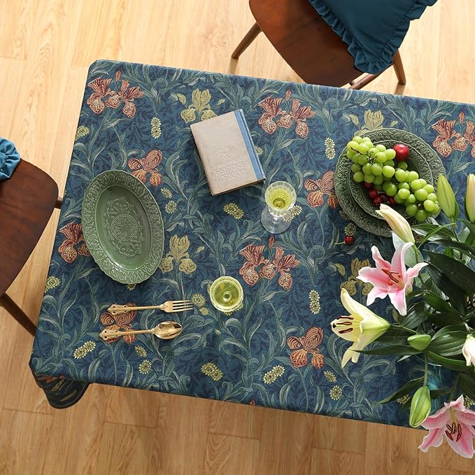 patdrea Designer Dark Blue Linen Rectangle Tablecloth,Vintage French Rustic Floral Pattern Tablecloths,Decorative Table Cover Cloth for Kitchen,Dining,Tea Party,Home,Christmas,55"*71"