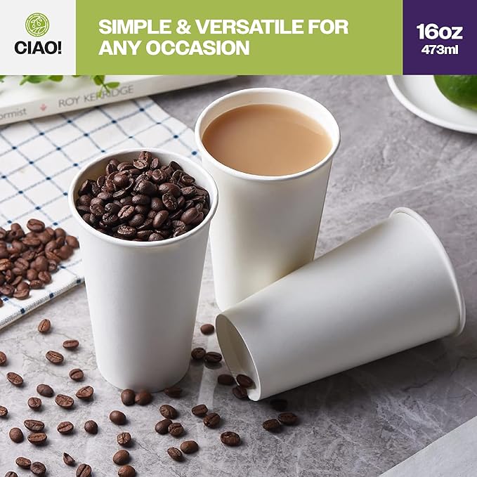 CIAO! 16oz White Paper Hot Cup, Disposable, 90mm Diameter 1,000 Count