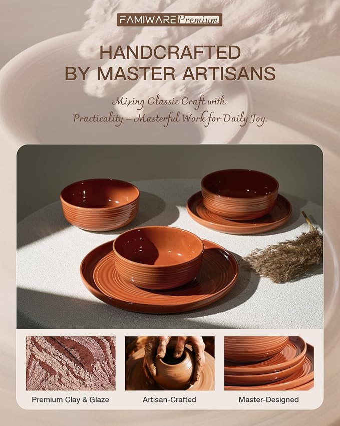 Dinnerware Set for 4, Ceramic Plates and Bowls, Terracotta | 12-Piece Ceramic - Image 5