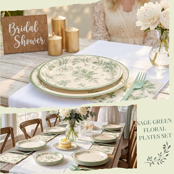 100 Pcs Disposable Sage Green Floral Tableware Set - Image 6