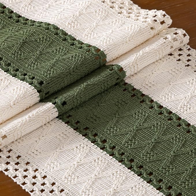 DeZerlor Ivory&Olive Green Boho Macrame Farmhouse Woven Table Runner 108In | - Image 6