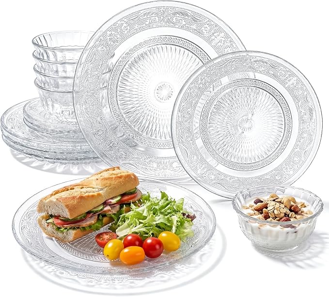 Havawish 18 Pcs Glass Dinnerware Set, Pattern | Clear Glass Plate and Bowl Sets by Havawish
