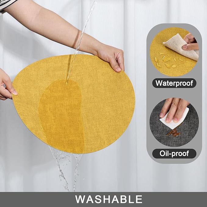 Myir JUN Round Placemats, Dual Sided Faux Leather Place Mats Set of 4 Indoor/Outdoor Non-Slip Washable Table Mats (Gray Yellow)
