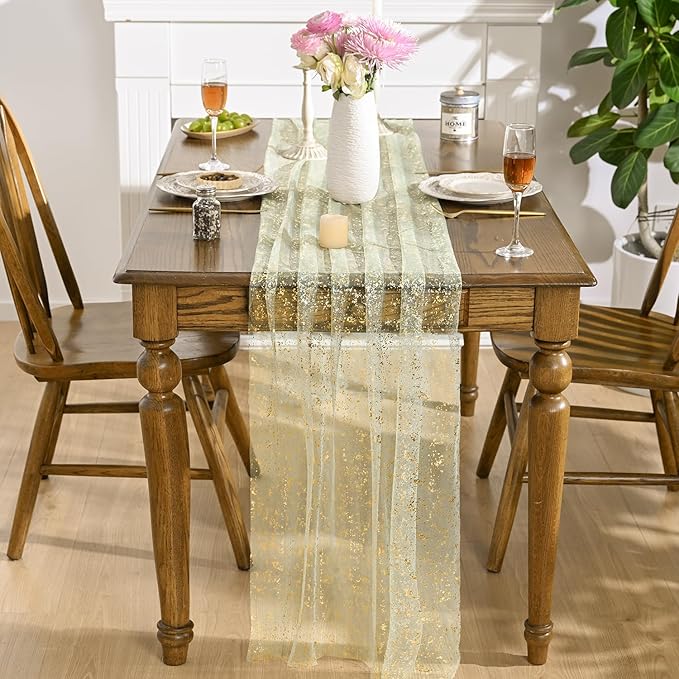 Artoid Mode Sage Green Gold Gauze Table Runner 120 Inch 10FT, Glitter Metallic Foil Sheer Dining Wedding Anniversary Holiday Birthday Table Decor for Home Party