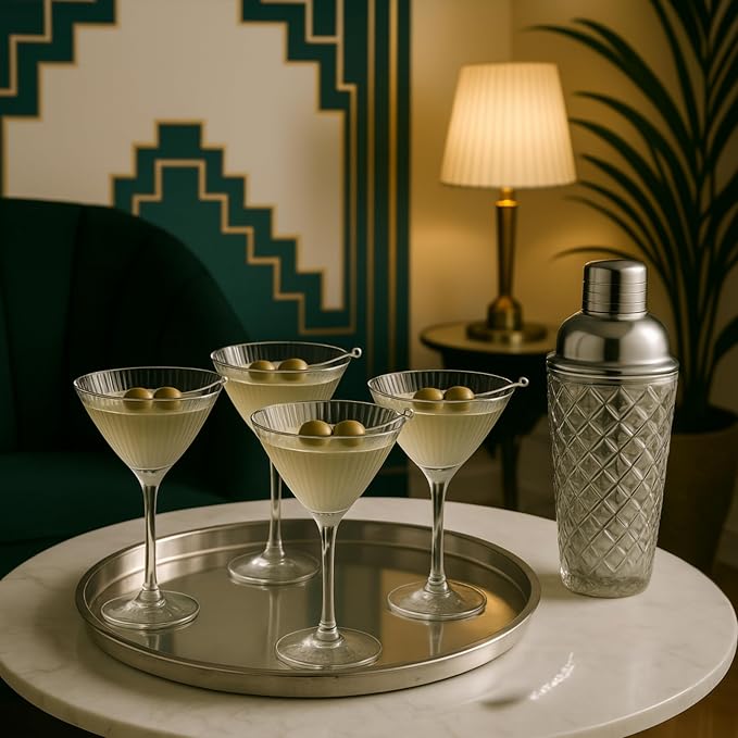 VEMACITY Silver Cocktail Shaker Set + 2 Ribbed Martini Glasses & Bar Tools | - Image 3