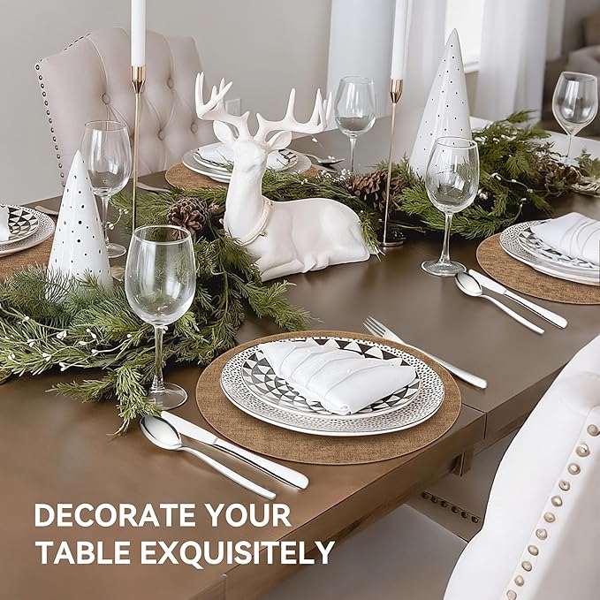 13" Round Placemats Set of 12, Reversible Faux Leather Heat Resistant Table Mats, 100% Waterproof Oilproof Wipeable Table Protective Placemats for Vinyl, Washable for Indoor (12, Light Brown)