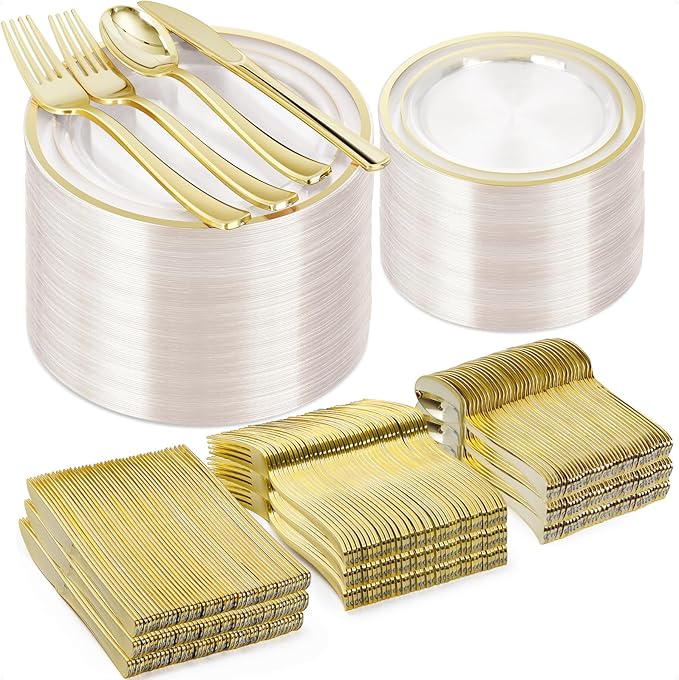 BESTVIP 600PCS Clear Gold Plastic Plate Set (100 Guests), Plastic Plates for Party Wedding Birthday, Disposable Dinnerware Set of 200 Plates, 200 Forks, 100 Spoons, 100 Knives for Christmas