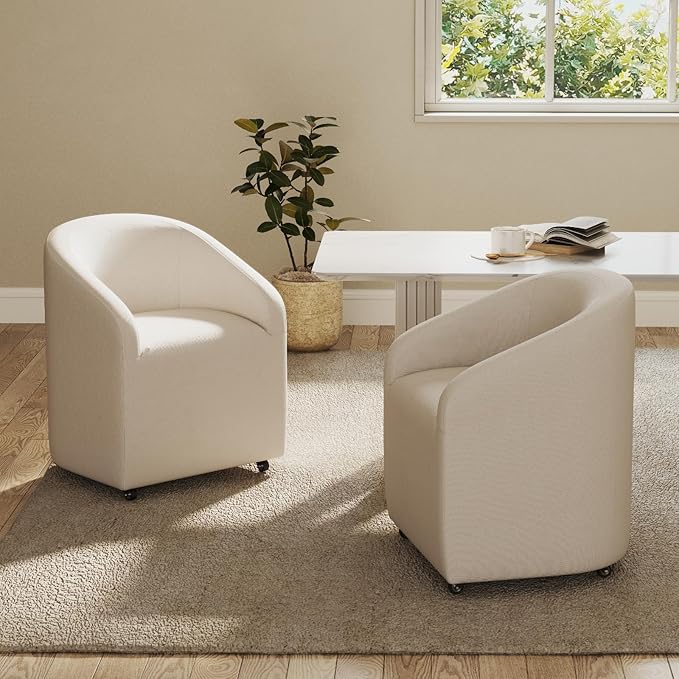 Modern Barrel Dining Chairs with Rolling Casters Set of 6, Upholstered Linen Swivel Dining Room Chairs with Wheels for Kitchen Living Room Home Office, Beige