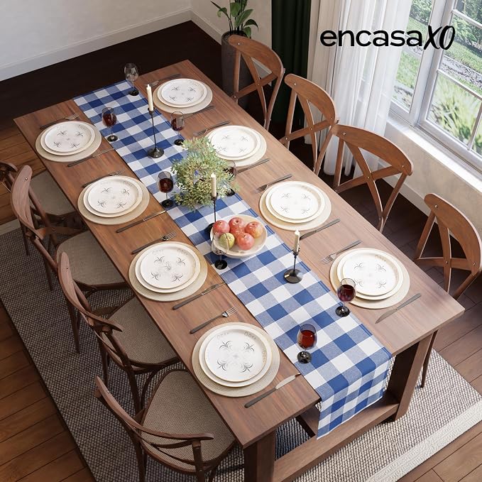 Encasa XO Table Runner, Woven Cotton Dining Runner 13"x104" Buffalo Blue Checks - Image 4