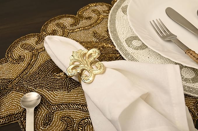 Premium Metal Napkin Rings Set of 12 - Fleur-de-Lis Napkin Holders for Dining Table, Weddings, and Special Events - Elegant Table Décor for Home & Restaurants (Gold) - CLEENTABLE
