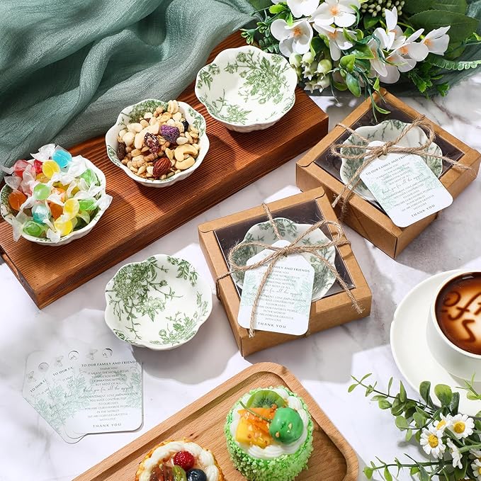 40 Pack Wedding Favors for Guests Small Ceramic Bowls Bulk Gifts Set 3.3 Inch Sage Green Verdure Design Mini Dipping Bowl Sauce Dish with Cards Box for Party Shower Favor Souvenir