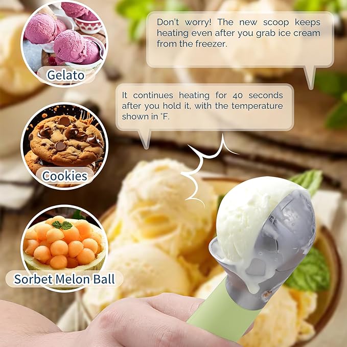 Heated Ice Cream Scoop Rechargeable, Electric Warming Ice Cream Scooper with LED Display, Heats to 158°F for Hard Ice Cream, Easy for Seniors & Kids, IP67 Waterproof (Pistachio Green, 2oz)