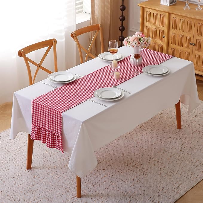 Red White Plaid Gingham Ruffle Table Runner 108 inches Long 100% Washed Cotton - Image 2
