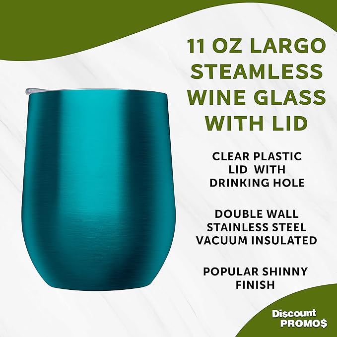 DISCOUNT PROMOS Stemless Wine Glass Tumblers with Lids by Largo 11 oz. Set of 6, Bulk Pack - Perfect for Wine, Cocktails, Other Hot & Cold Beverages - Teal