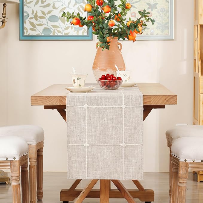 NEWISHER Rustic Embroidered Plaid Cloth Table Runner 60 inches, Farmhouse - Image 3