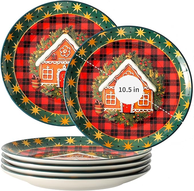 Dinner Plates Set of 6, 10 Inch Ceramic Plates, Christmas Dishes for Dinner Party Holiday Occasions, Microwave And Dishwasher Safe