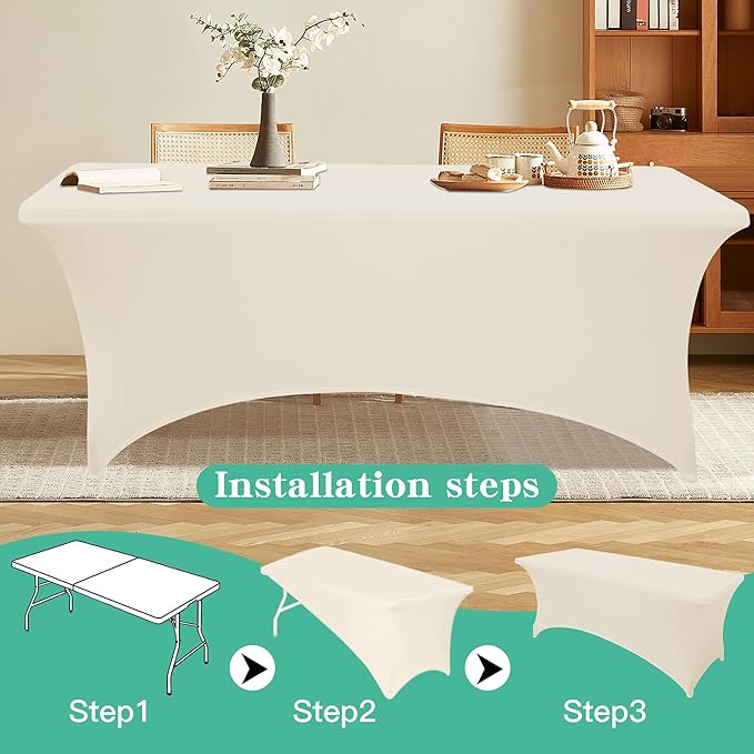 6Pack 6FT Table Cloth for Rectangular Fitted Events Stretch Cream Table Covers Washable Spandex Tablecloth Protector for Party, Wedding, Cocktail, Banquet, Festival