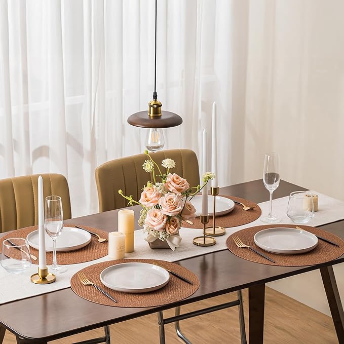 Jovono 15" Faux Leather Big Round Placemats Set of 8 - Washable Heat Resistant Non-Slip Dining Table Mats with Fabric Texture for Kitchen Home Party Decor, Brown