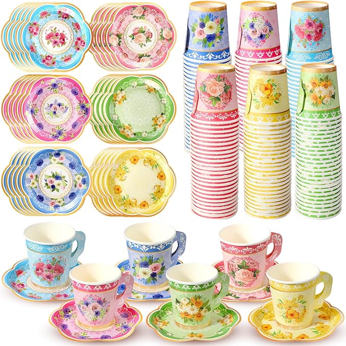 Nuogo 300 Pcs Floral Paper Tea Cups and Saucers 7 OZ Disposable Cups by Nuogo