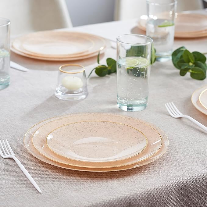 PLASTICPRO 30 Pack Disposable Plastic Plates Heavyweight Granite Look Elegant 7 inch Dinner Plates Pink with Gold Rim