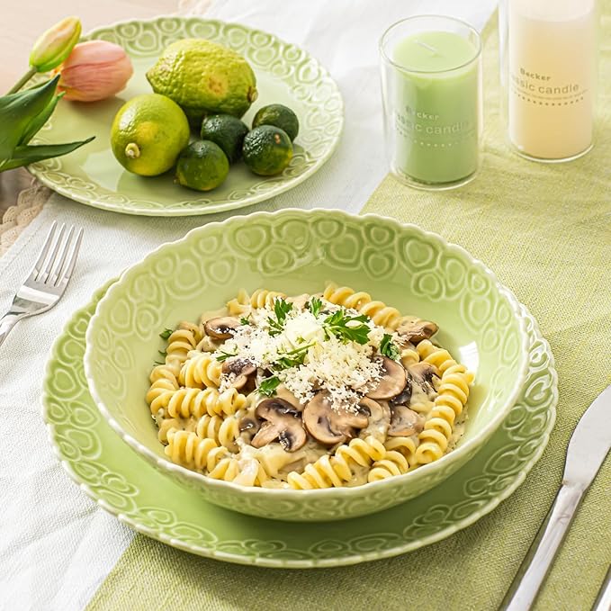 HOMBENE Heartbeat Pasta Bowls Set of 4, 40oz, Porcelain Wide and Shallow, Soup, Pasta, Noodle, Dinner, Large Salad Bowls Soup Bowl for Kitchen, Microwave & Dishwasher Safe (Mint Glow Green)