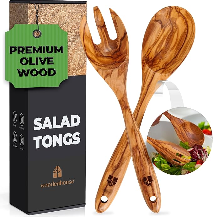 Wooden Salad Tongs for Serving, Tossing & Cooking – Sturdy Fork & Spoon by Woodenhouse