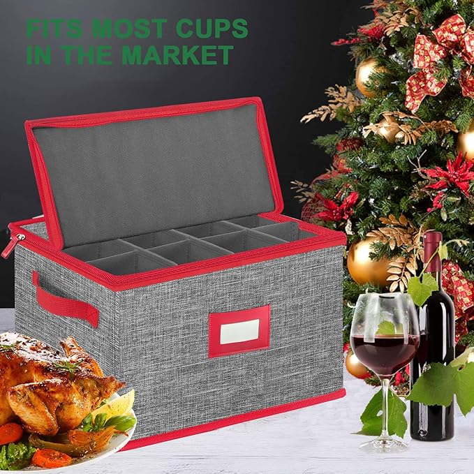 VERONLY Wine Glass Storage Box with Dividers, Stemware Storage Case Hard Shell Stackable for Up to 12 Glasses, Crystal Glassware Containers for Holidays (Grey and Red)