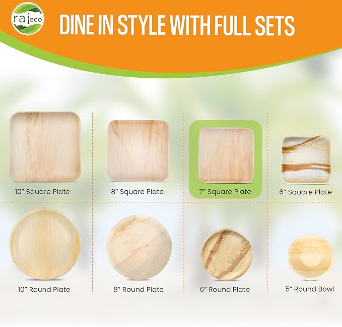 Raj Palm Leaf Plates [100-Pack] 7" Square Plates like Bamboo plates Disposable, Strong, Decorative Compostable Tableware for wedding, Lunch, Dinner, Birthday, Camping, Outdoor BBQ, Picnic