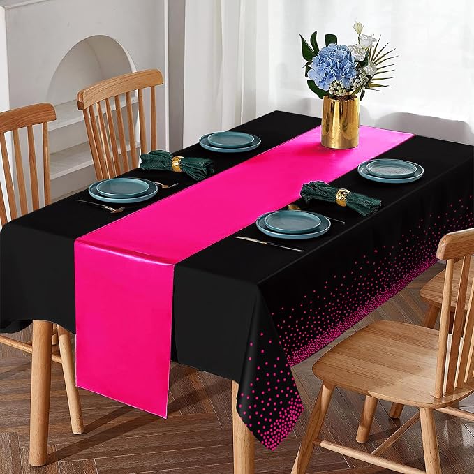 8Pack Disposable Plastic Party Tablecloths and Satin Table Runner Set Black Hot - Image 4