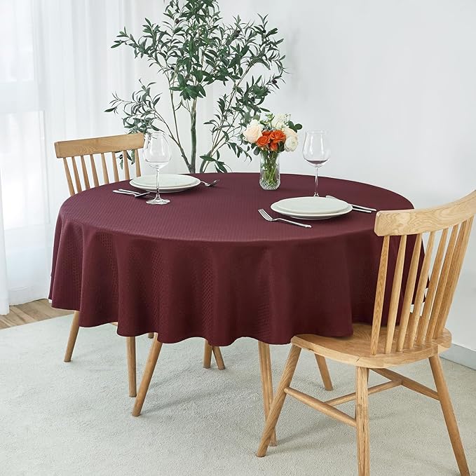 maxmill Round Weaved Texture Design Tablecloth Spill-Proof Wrinkle Free Soft Washable Table Cloth for Circular Table Cover, for Dining Room Buffet Banquet Parties Holiday Dinner, 90 Inch Burgundy