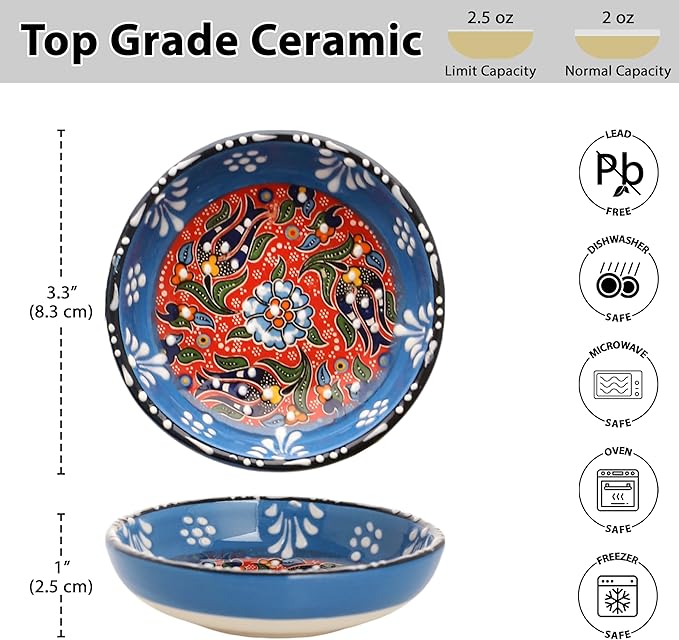 Ceramic Small Dipping Bowls Set of 6, 2.5 Oz Soy Sauce Dish, Handmade Charcuterie, Colorful Pinch, Dishwasher & Microwave Safe Sauce, Mini (BLOOM ARRAY)