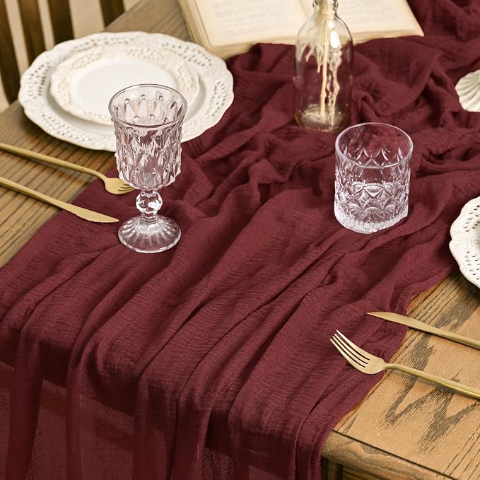 Artoid Mode Boho Cheesecloth Gauze Burgundy Wedding Table Runner, 120 Inch by ArtoidMode
