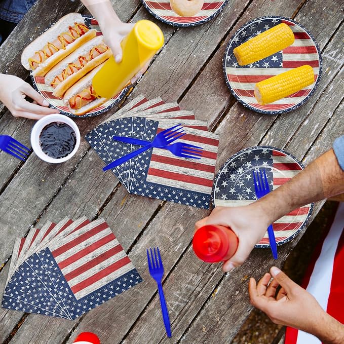 96 Pieces 4th of July Plates and Napkins Set, Vintage American Flag Disposable - Image 4