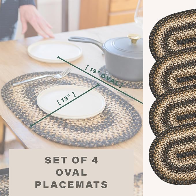 Homespice Kilimanjaro Jute Braided Placemats, Warm Primitive Decor, Set of 4, Black and Tan 13x19 Oval Table Mats - Vibrant Colors, Durable, Easy to Clean and Protects Furniture