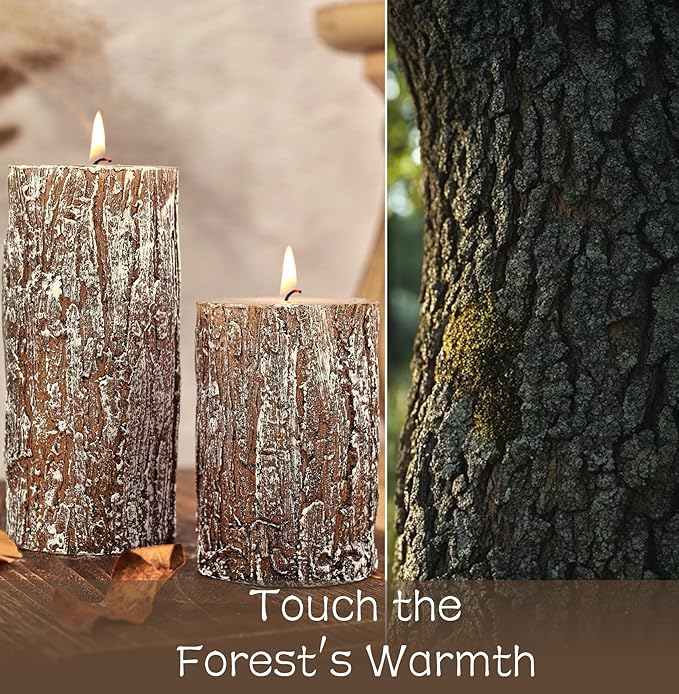 Classic Pine Tree Bark Texture Pillar Candles Set - Real Wax 3 Sizes (4", 5", 6" Tall) Rustic Decor Fireplace Candles, Unscented Woodland Style Pillar Candle for Home, Dining Table, Holiday Decor