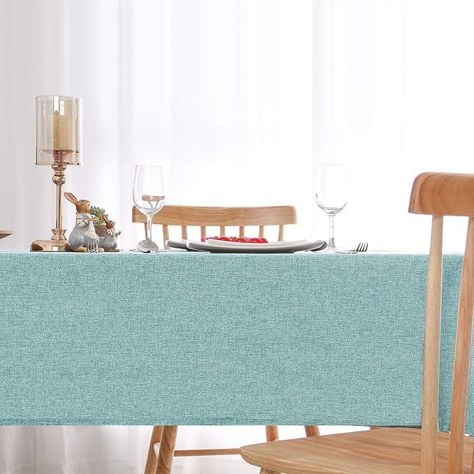 Hiasan 2 Pack Faux Linen Rectangle Tablecloth - Wrinkle and Stain Resistant Washable Table Cloth for Kitchen Dining Room Holiday Table Cover for Party Dinner, Aqua, 90 x 132 Inch