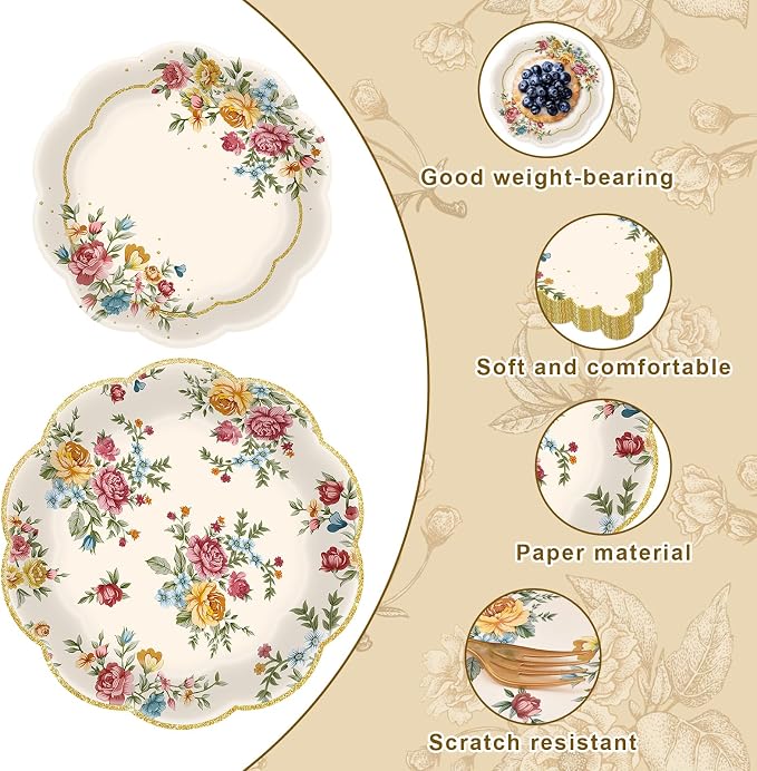 96 Pieces Vintage Floral Tableware Set – Disposable Paper Plates, and Forks - Image 3