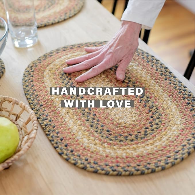 Homespice Russet Jute Braided Oval Placemats, Warm Country Decor, Set of 4, 13x19 Multicolor Table Mats - Vibrant Colors, Durable, Easy to Clean and Protects Furniture