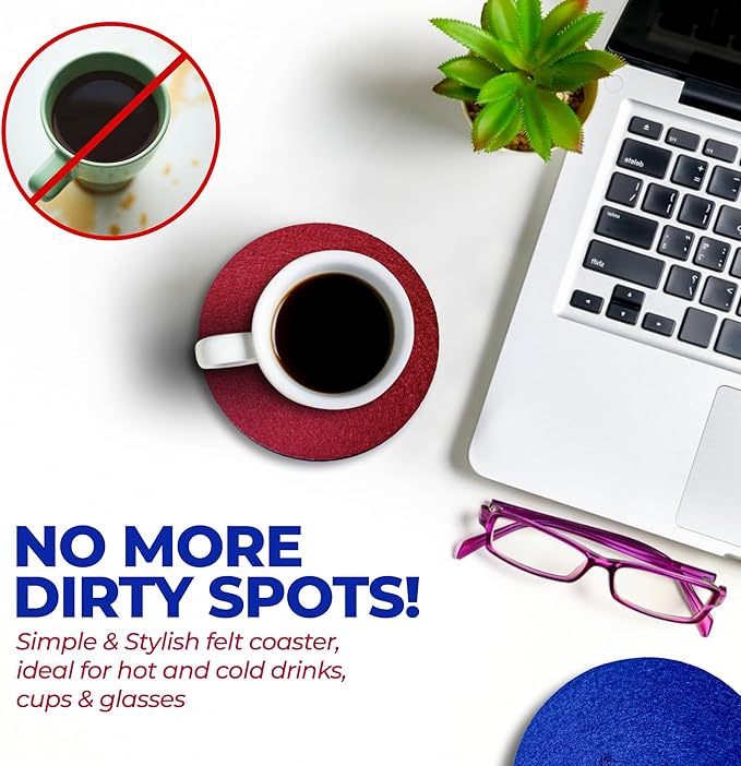 A&A Wonders Premium Felt Coasters for Drink, Two-Tone Reversible, Absorbent Felt Protects Furniture, Table, Anti Slip, Suitable for Drinks & All Table Types (Wine Red/Royal Blue, Circle 6 Pack)